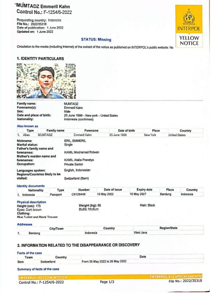 Interpol Telah Terbitkan Yellow Notice Pencarian Anak Ridwan Kamil