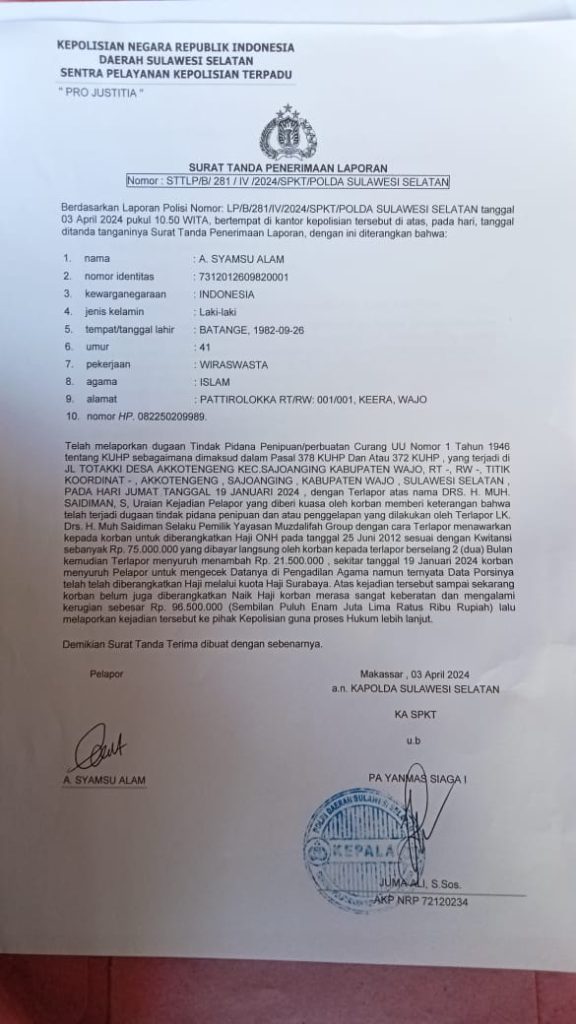 Korban Penipuan Dana Haji di Wajo Resmi di Laporkan ke Polda Sulsel