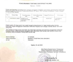 Pengumuman Berita Kehilangan Sertifikat Tanah Hak Milik