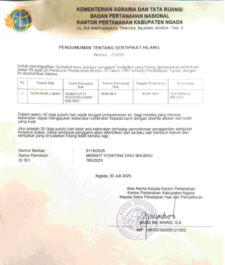 Pengumuman Berita Kehilangan Sertifikat Tanah Hak Milik