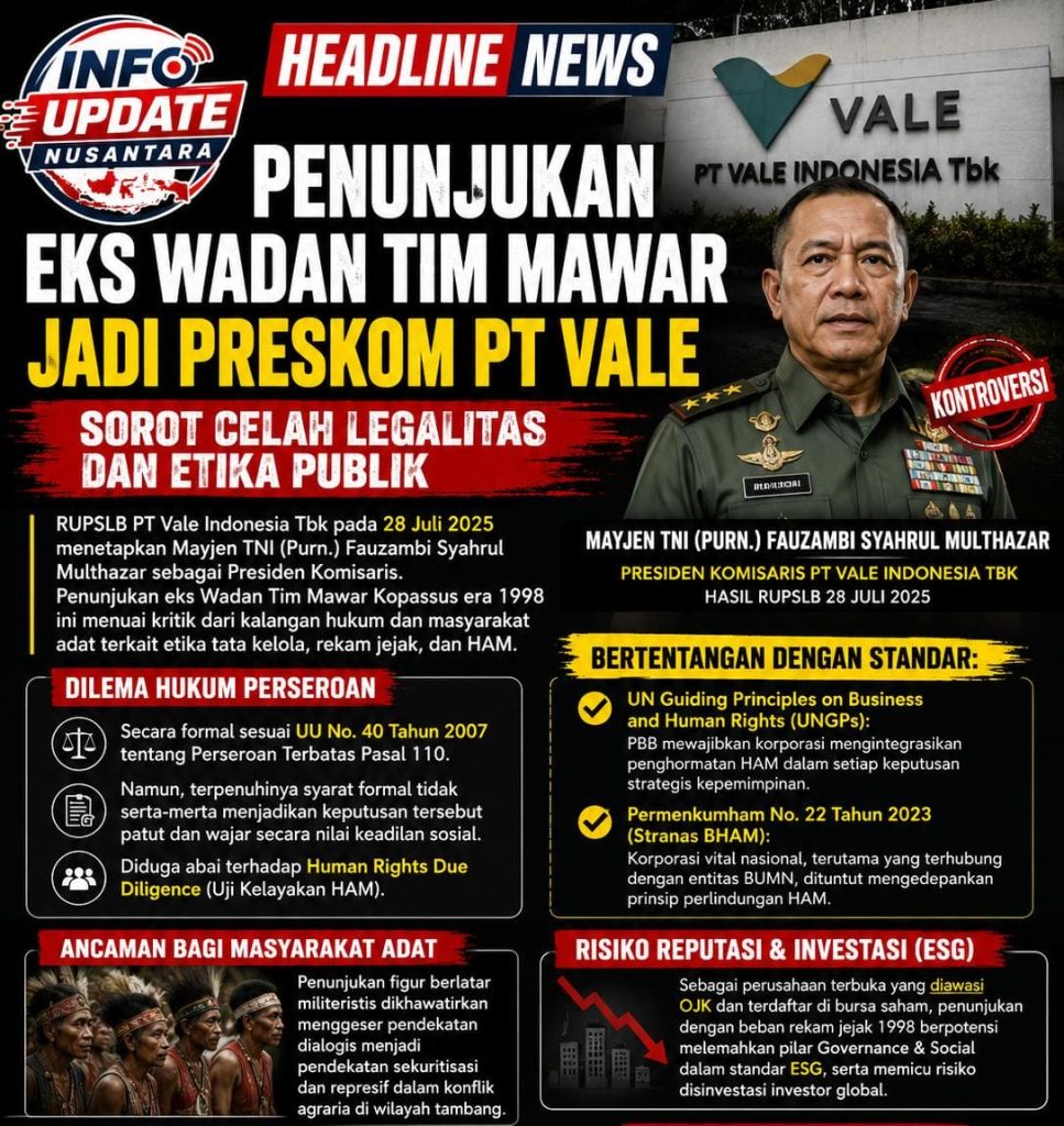 Penunjukan Eks Wadan Tim Mawar Jadi Preskom PT Vale Disorot, LBH LIRA Pertanyakan Aspek Legalitas dan Etika Publik
