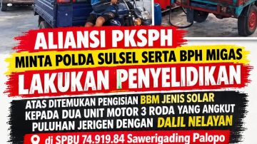 Aliansi PKSPH Minta Polda Serta BPH Migas Periksa Pengisian Puluhan Jerigen Diatas 2 Unit Motor Tiga Roda di SPBU 74.919.84 Sawerigading Palopo